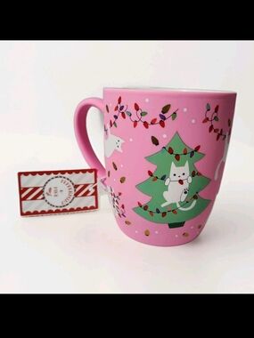 Peppermint & Pine Pink Holiday Cat & Christmas Lights Soft Touch Ceramic Mug